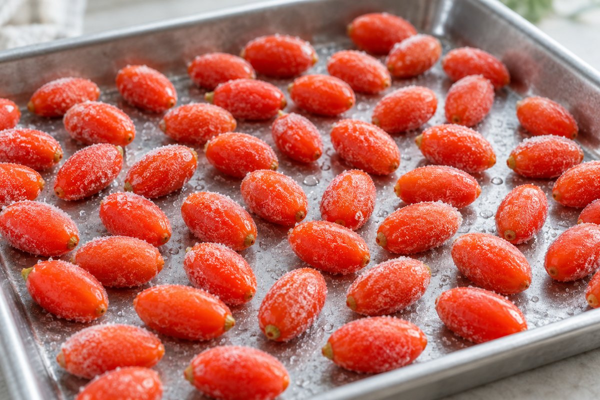 Separate smooth frozen goji berries on a shallow tray Separate smooth frozen goji berries on a shallow tray