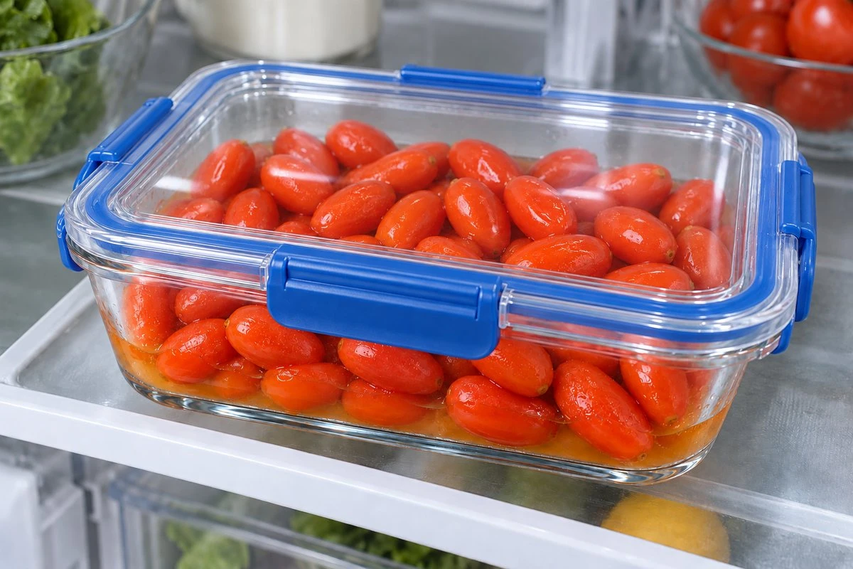 Whole goji thawing in a container inside a refrigerator Whole goji thawing in a container inside a refrigerator