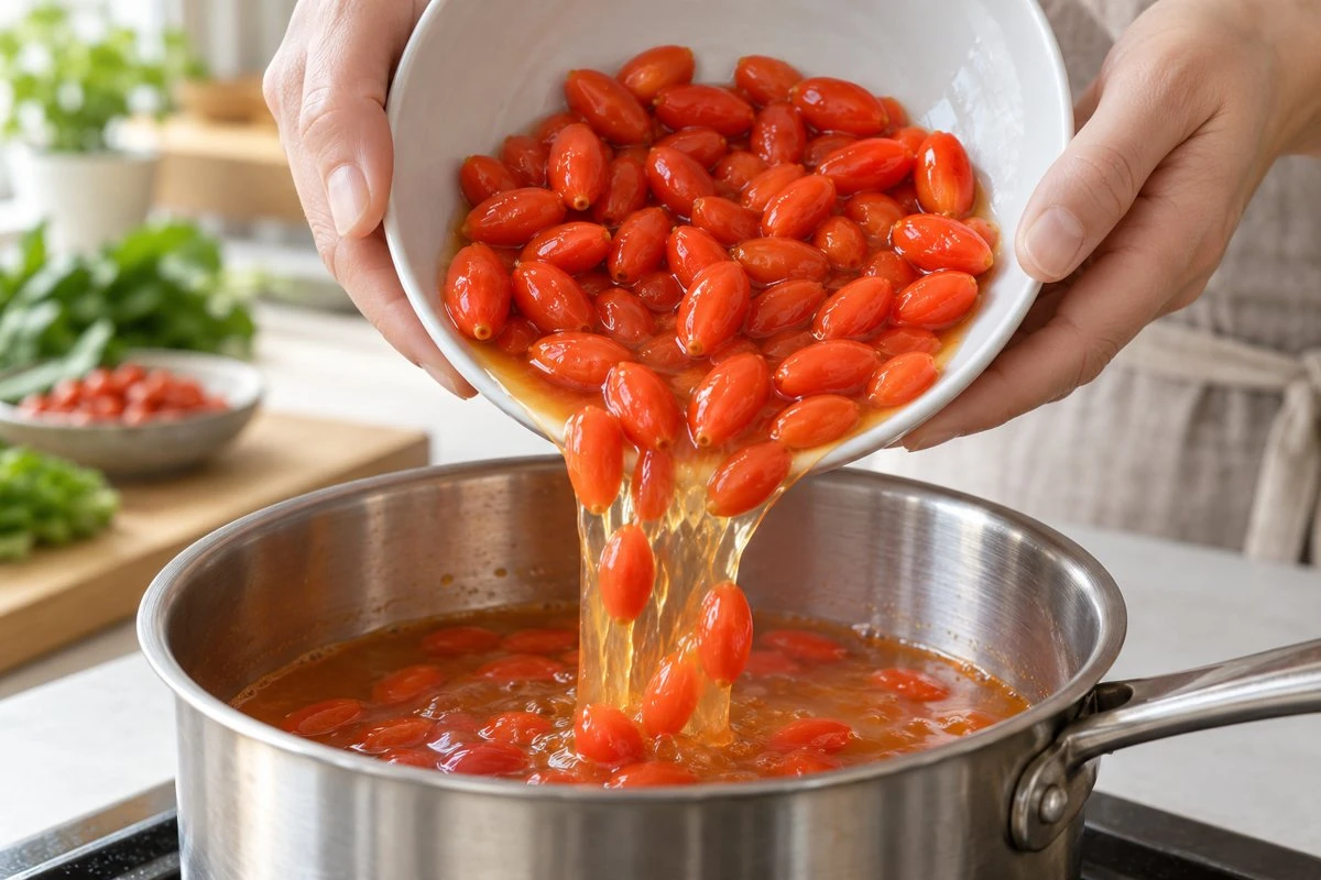 Thawed whole goji and its juice entering a saucepan Thawed whole goji and its juice entering a saucepan