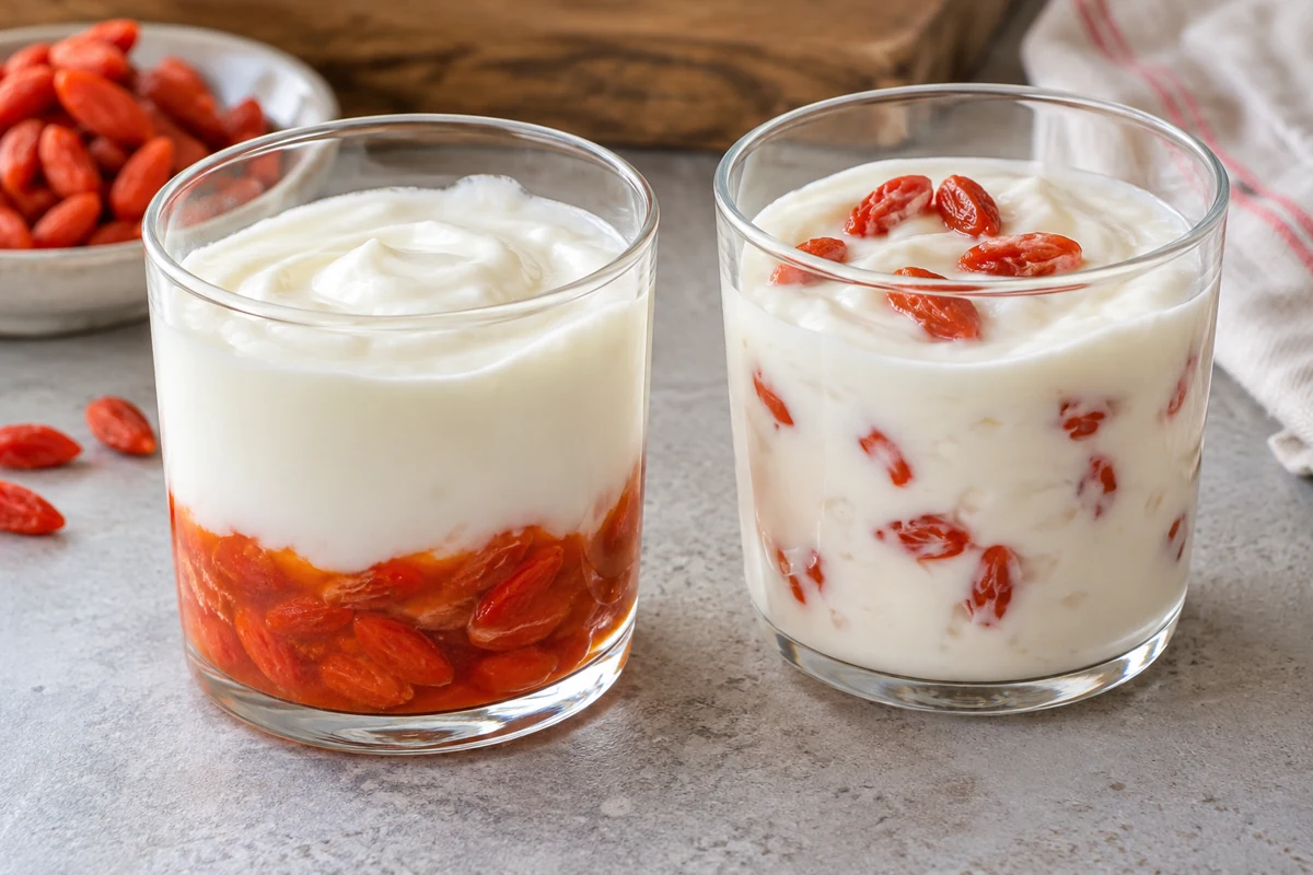 A glass with a goji layer beneath yogurt beside a glass of stirred goji yogurt A glass with a goji layer beneath yogurt beside a glass of stirred goji yogurt