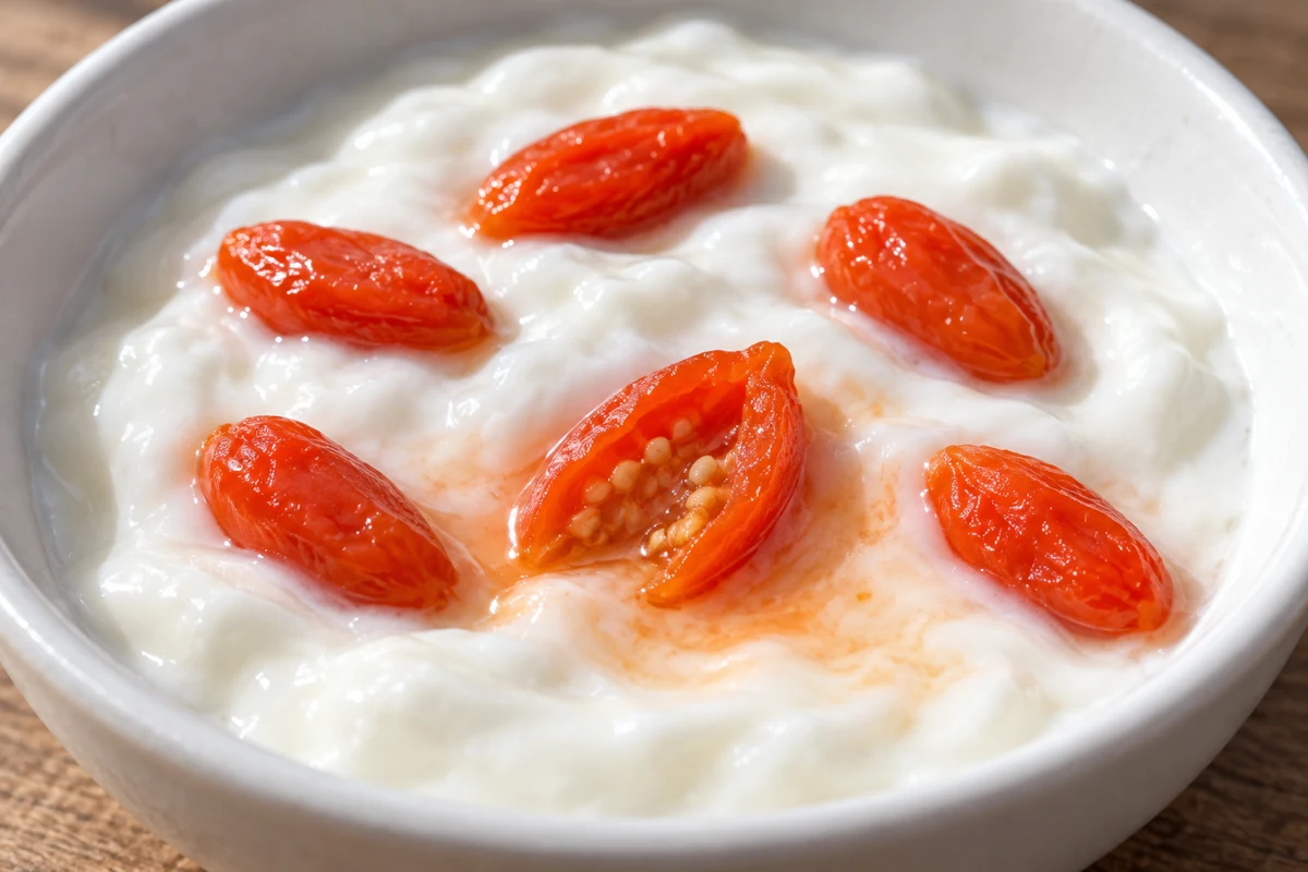 Orange tint around a split goji berry on thick white yogurt Orange tint around a split goji berry on thick white yogurt