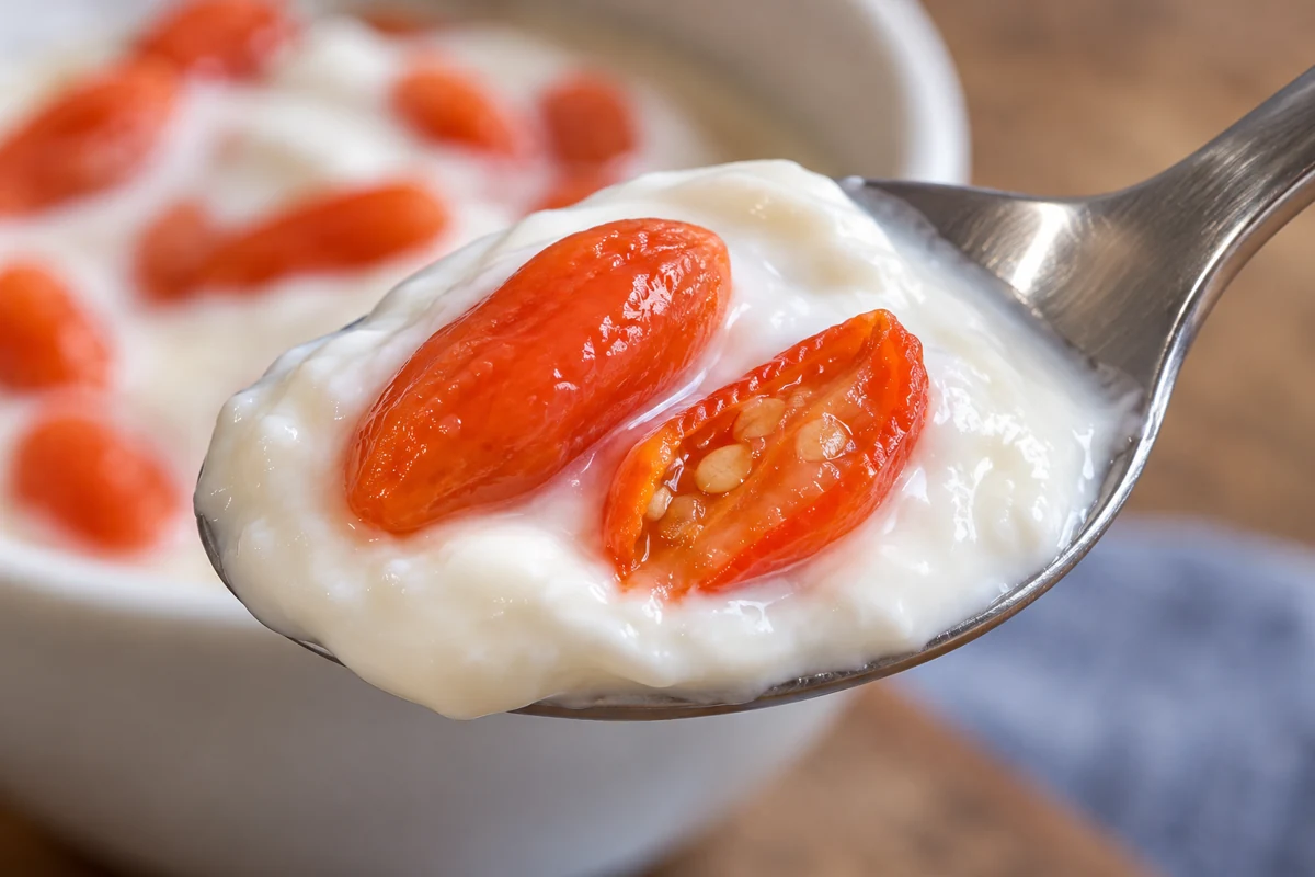 A whole goji and a cut berry showing pale seeds on a yogurt spoon A whole goji and a cut berry showing pale seeds on a yogurt spoon