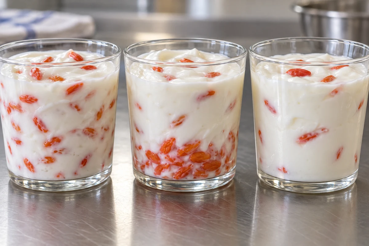 Three yogurt cups with fruit dispersed, clustered near the base and sparsely visible Three yogurt cups with fruit dispersed, clustered near the base and sparsely visible