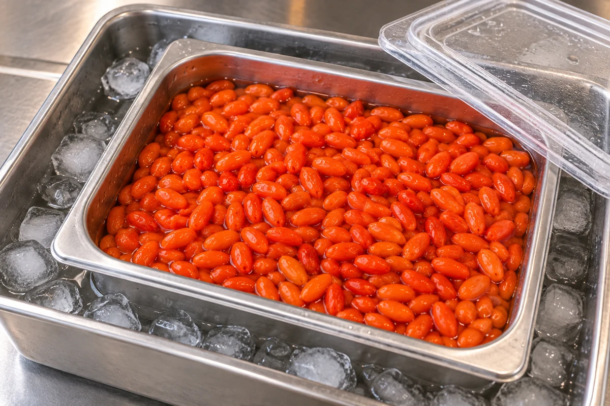A pan of whole goji preparation resting in an ice-water bath beside its lid A pan of whole goji preparation resting in an ice-water bath beside its lid