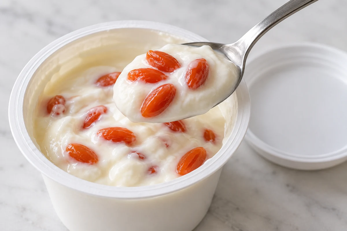 An open goji yogurt cup with a spoonful of fruit and a pale serum line An open goji yogurt cup with a spoonful of fruit and a pale serum line