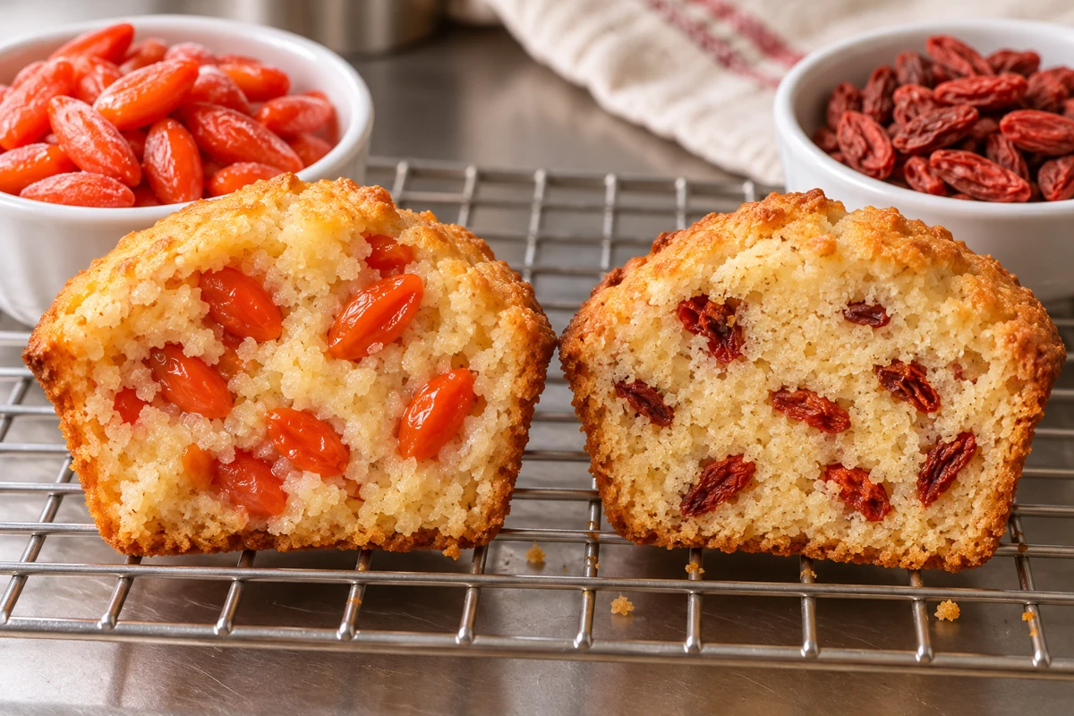 Cut muffins with plump goji fruit and smaller dried goji inclusions Cut muffins with plump goji fruit and smaller dried goji inclusions
