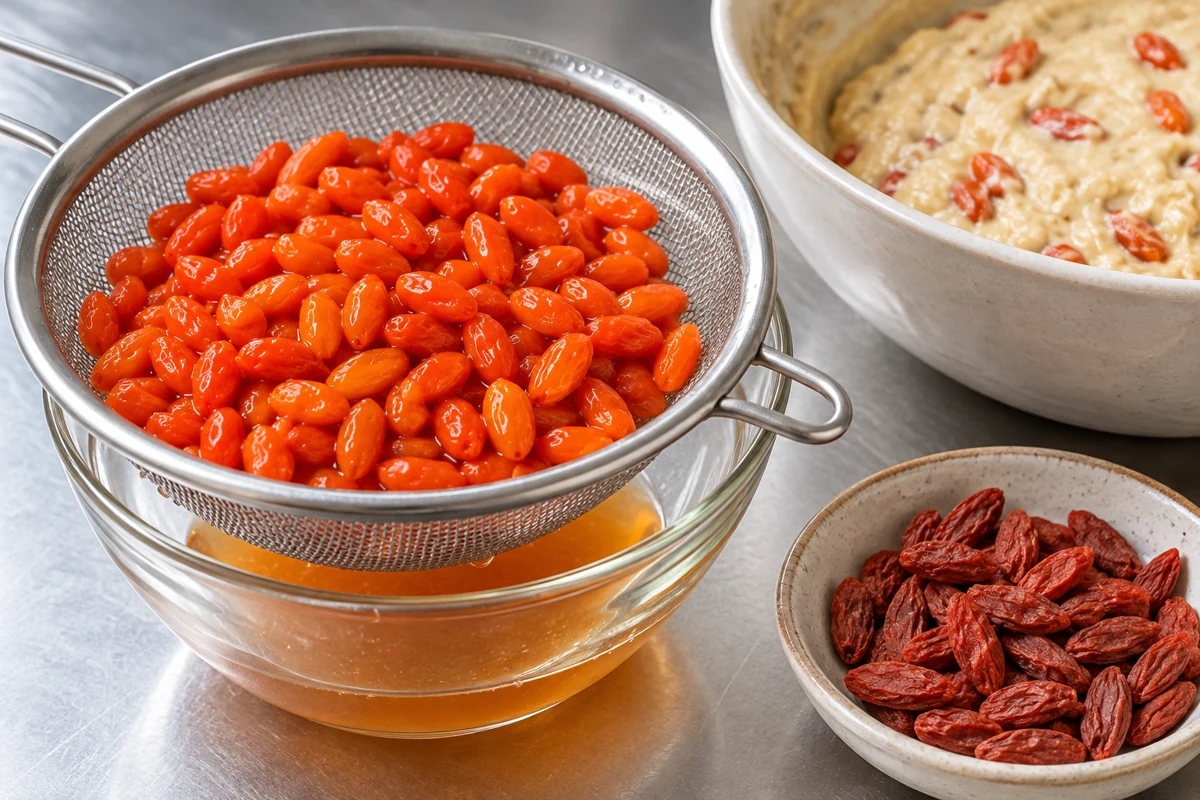 Goji in a sieve over collected orange liquid beside dried berries and batter Goji in a sieve over collected orange liquid beside dried berries and batter