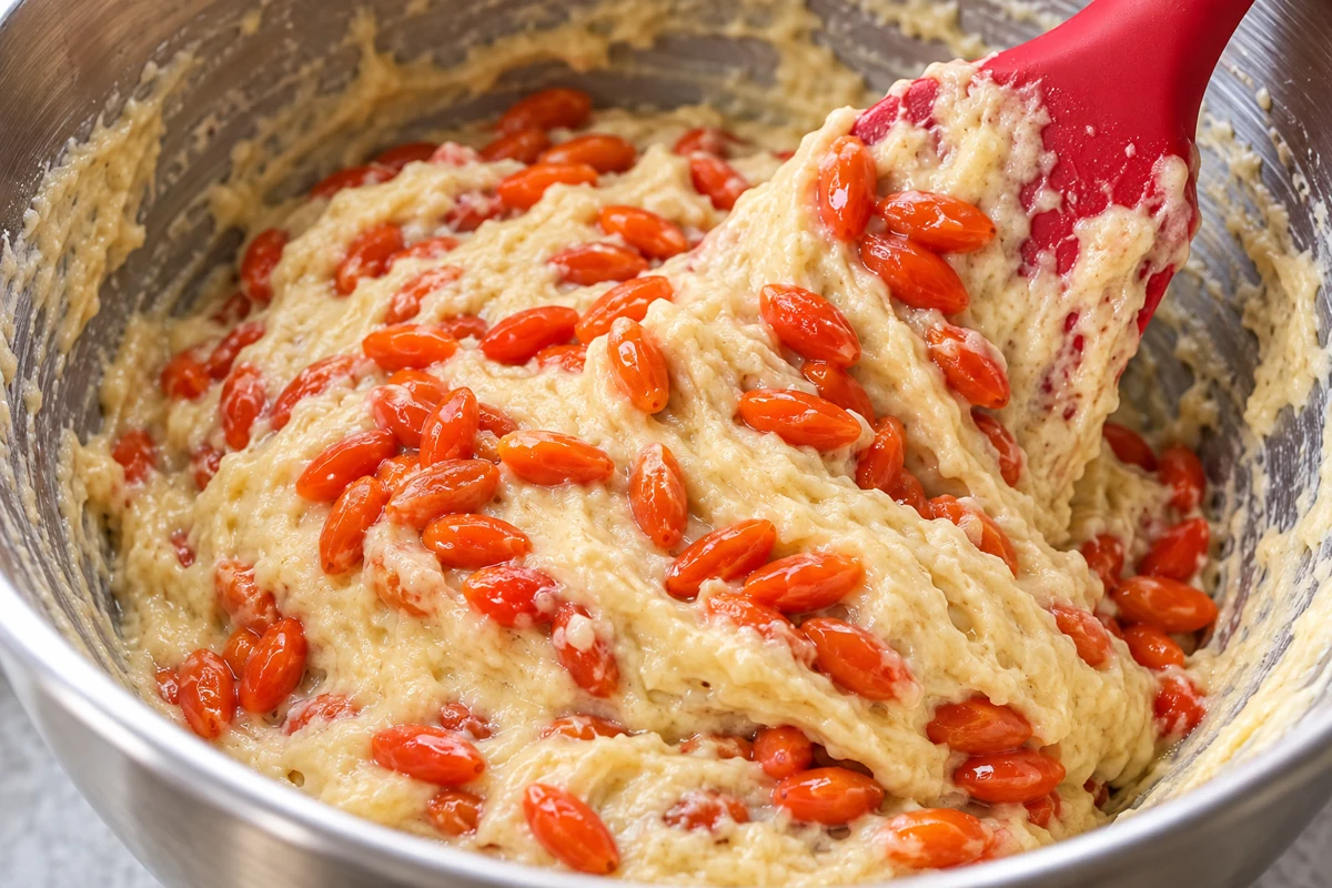 A red spatula folding plump goji berries into pale batter A red spatula folding plump goji berries into pale batter