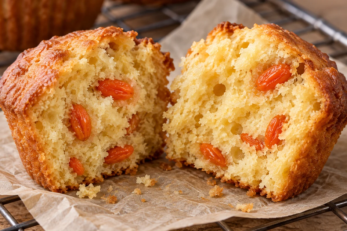 Cut goji muffin showing a moist region beside soft fruit Cut goji muffin showing a moist region beside soft fruit