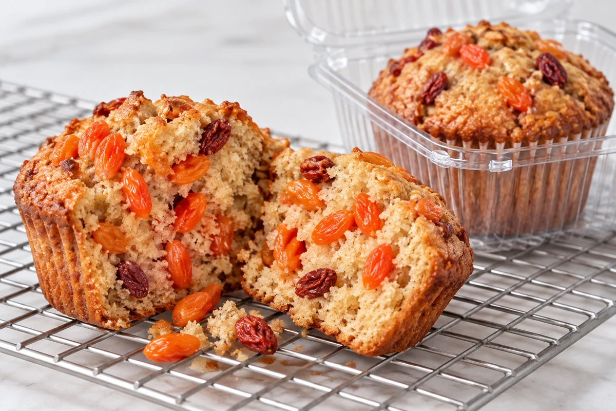 Muffin with plump and dried goji inclusions on a rack beside a clear bakery pack Muffin with plump and dried goji inclusions on a rack beside a clear bakery pack