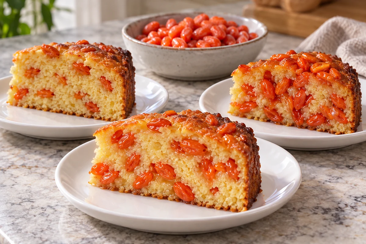 Three goji cake slices with different visible fruit concentrations Three goji cake slices with different visible fruit concentrations