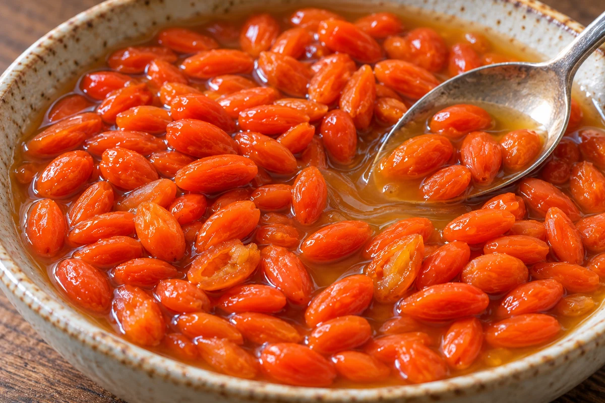 Recognizable goji berries and flowing orange sauce beside a spoon Recognizable goji berries and flowing orange sauce beside a spoon