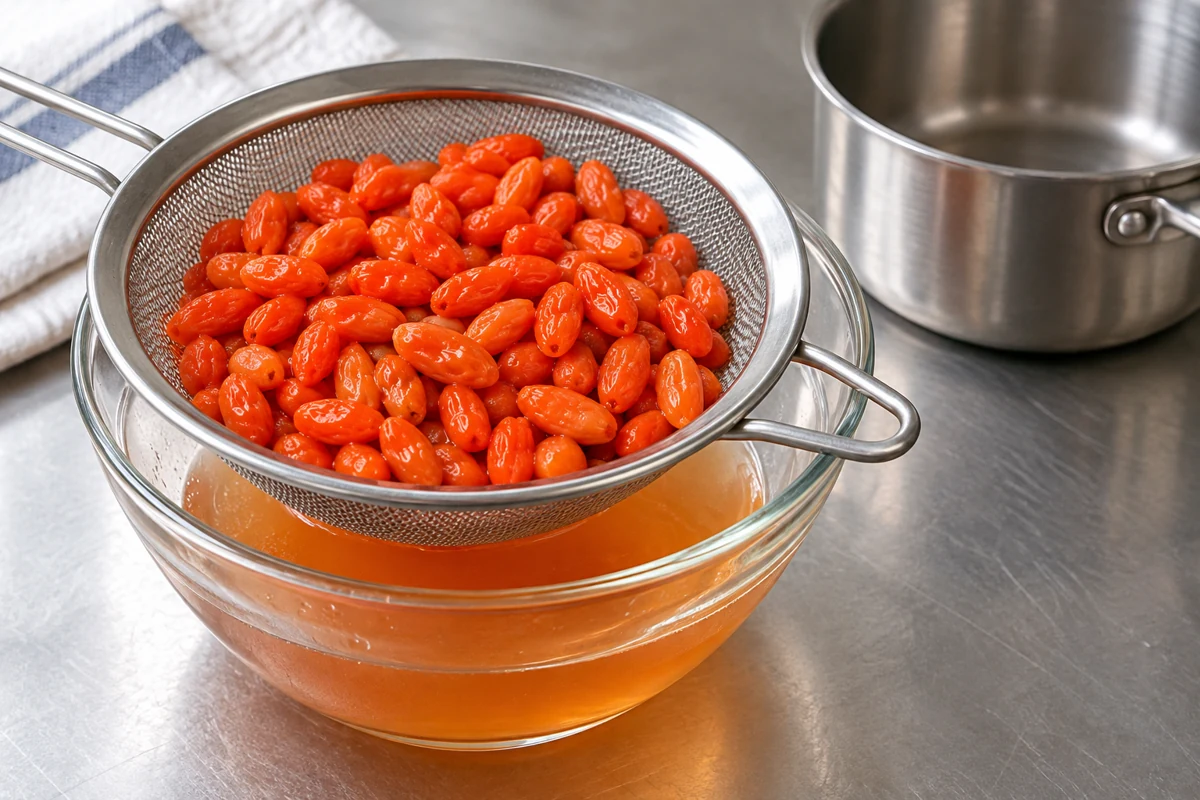 Soft goji berries in a sieve above collected orange liquid Soft goji berries in a sieve above collected orange liquid