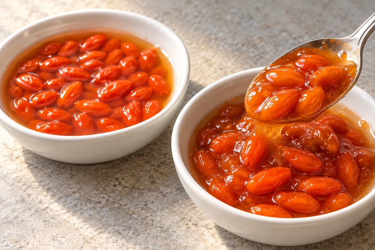 Two goji compotes showing a loose liquid and a thicker spoon coating Two goji compotes showing a loose liquid and a thicker spoon coating