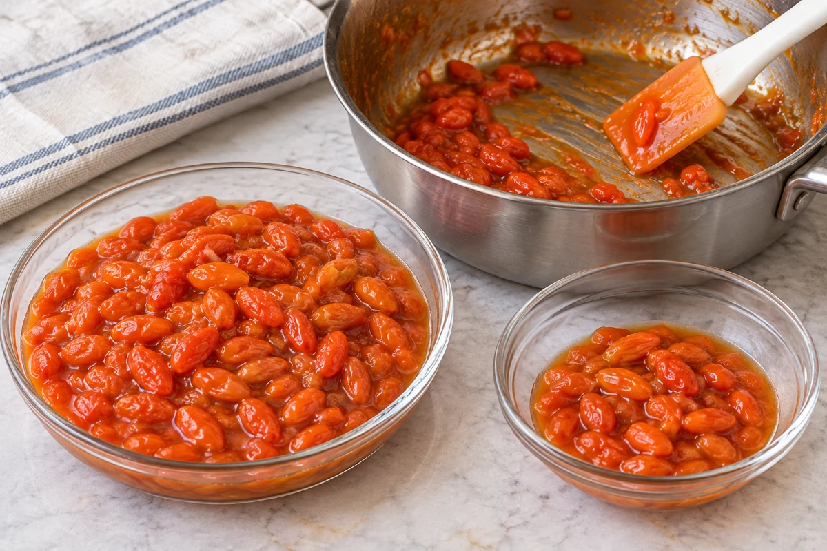 Two dishes of recovered goji compote beside sauce remaining in a pan Two dishes of recovered goji compote beside sauce remaining in a pan