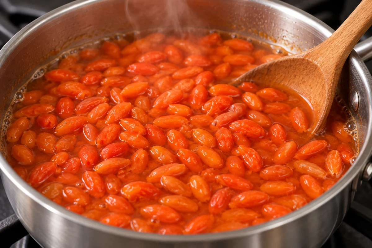 A wooden spoon in a shallow pan of goji berries and sauce A wooden spoon in a shallow pan of goji berries and sauce