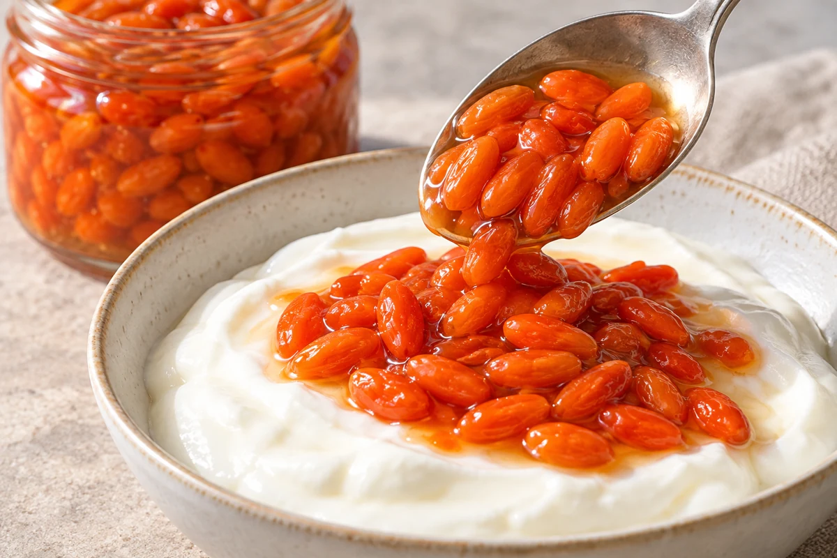 A spoon placing whole goji compote onto plain yogurt A spoon placing whole goji compote onto plain yogurt