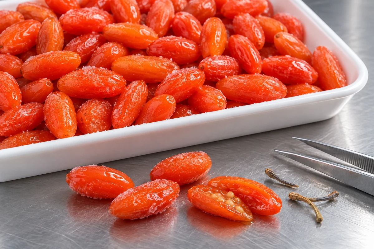 Inspecting Frozen Goji Berries for Stems, Broken Fruit and Free Juice