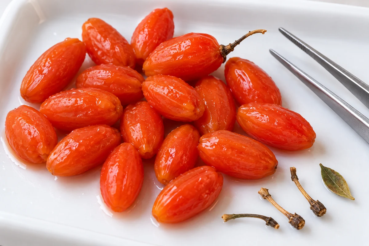 Goji berries with an attached stem and separated stems and leaf material Goji berries with an attached stem and separated stems and leaf material