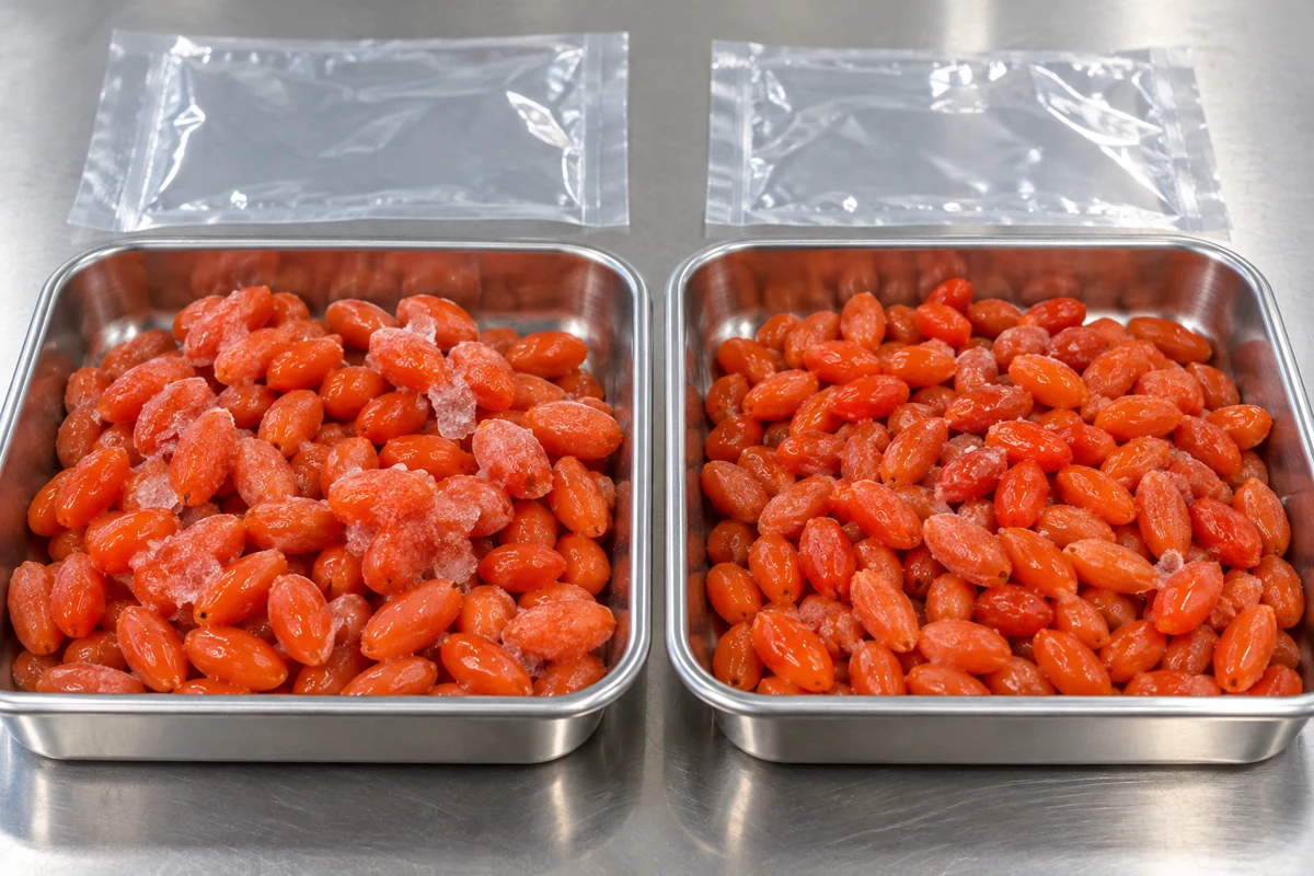 Two separate trays of frozen goji with different visible clusters Two separate trays of frozen goji with different visible clusters