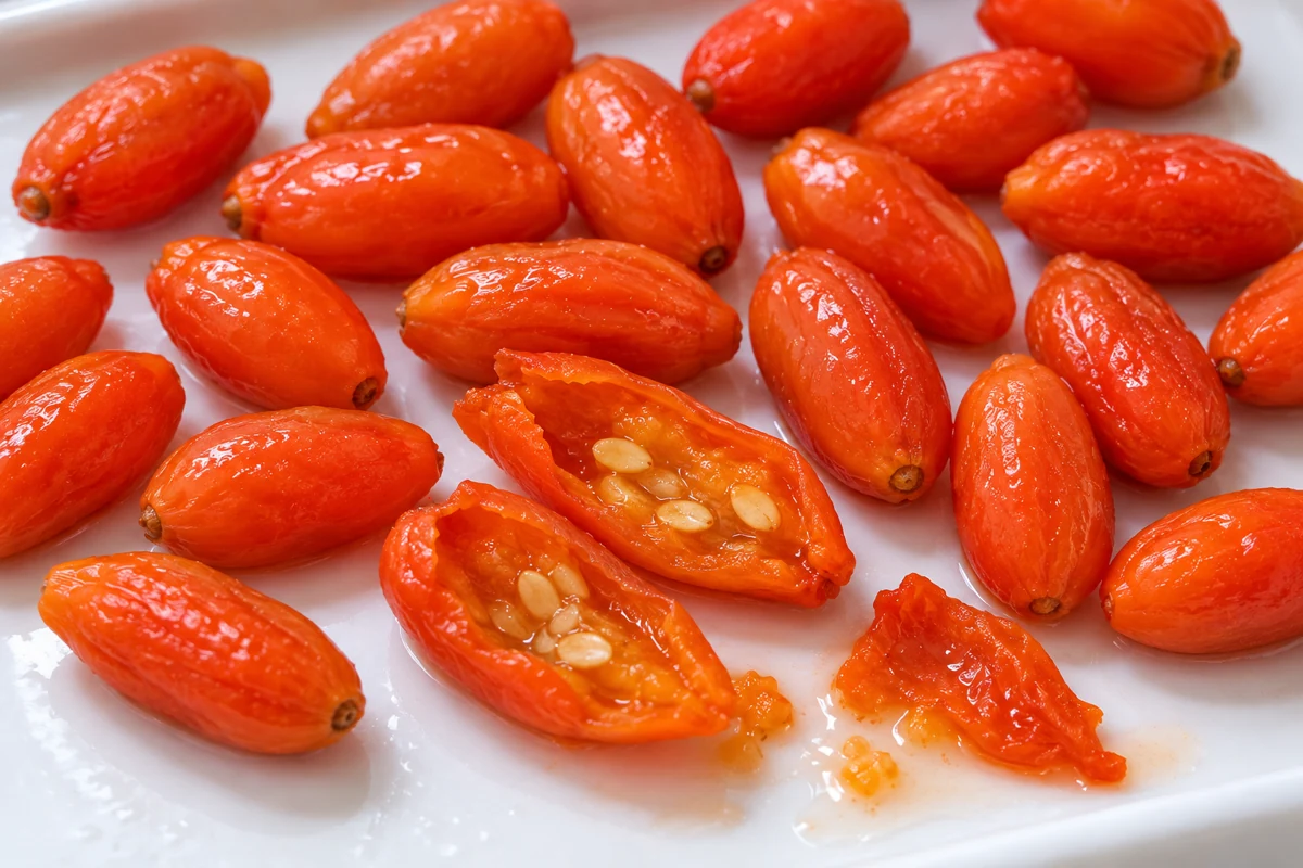 Whole goji, split berries showing pale seeds and a collapsed fruit fragment Whole goji, split berries showing pale seeds and a collapsed fruit fragment