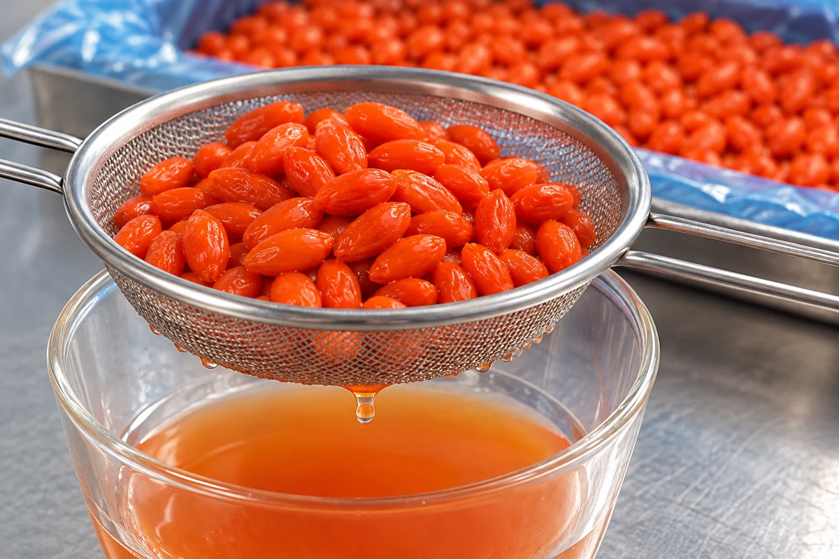 A droplet below a sieve of goji above collected orange liquid A droplet below a sieve of goji above collected orange liquid