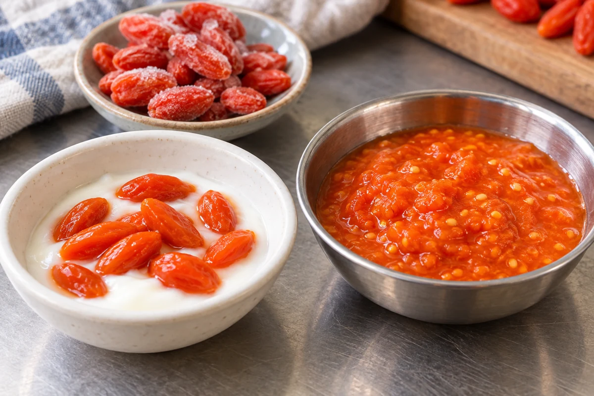 Whole goji on yogurt beside a soft orange goji pulp with visible seeds Whole goji on yogurt beside a soft orange goji pulp with visible seeds