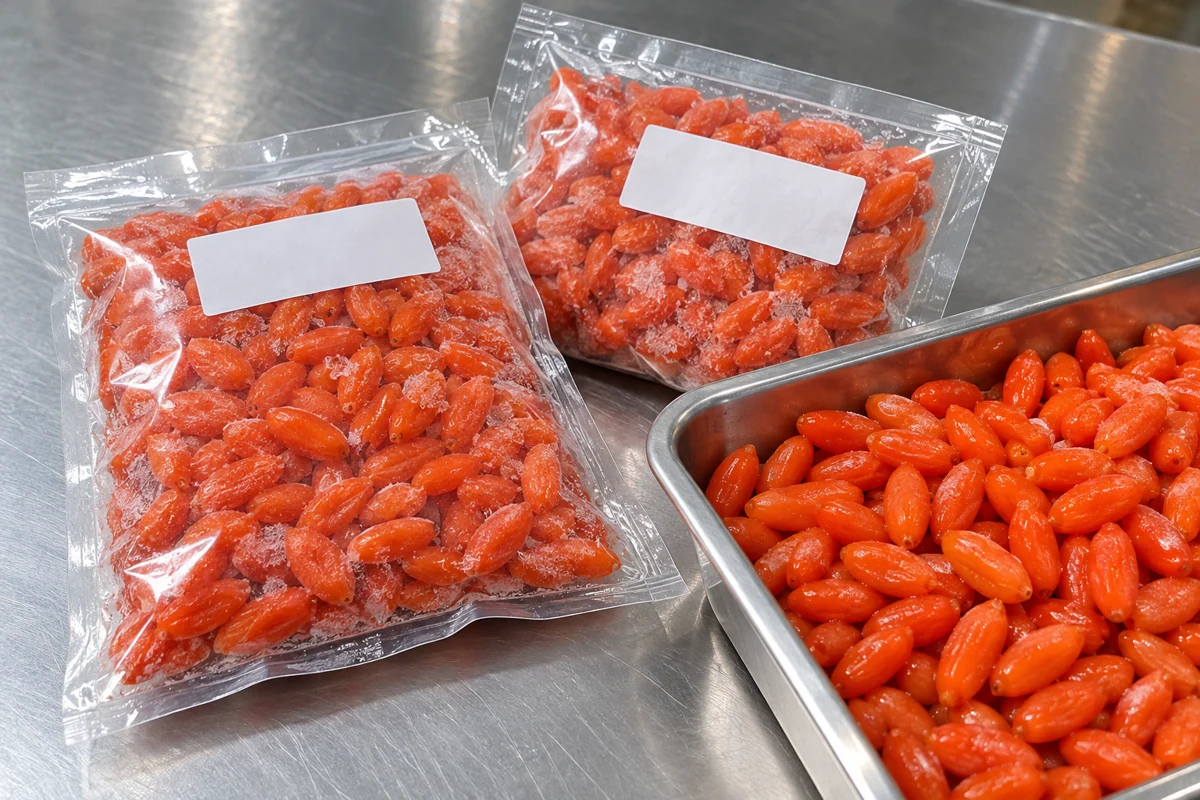 Two sealed clear goji sample pouches with blank labels beside a tray Two sealed clear goji sample pouches with blank labels beside a tray