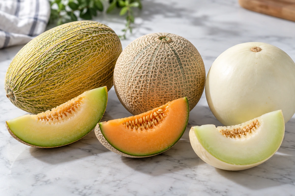 Elongated netted Hami, round cantaloupe and smooth honeydew with cut wedges Elongated netted Hami, round cantaloupe and smooth honeydew with cut wedges