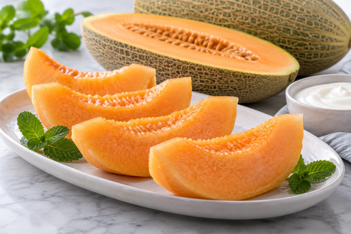 Orange Hami melon wedges on a white plate beside plain yogurt Orange Hami melon wedges on a white plate beside plain yogurt