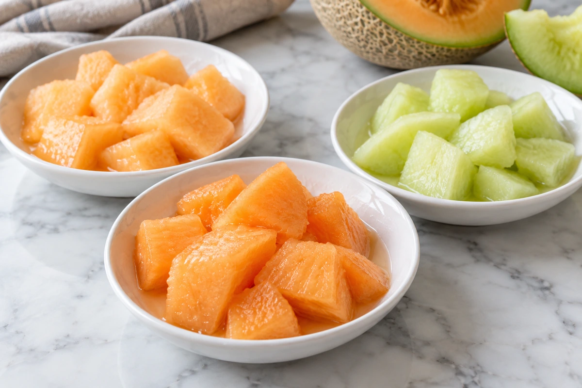 Three melon varieties with softened pieces and small pools of liquid Three melon varieties with softened pieces and small pools of liquid