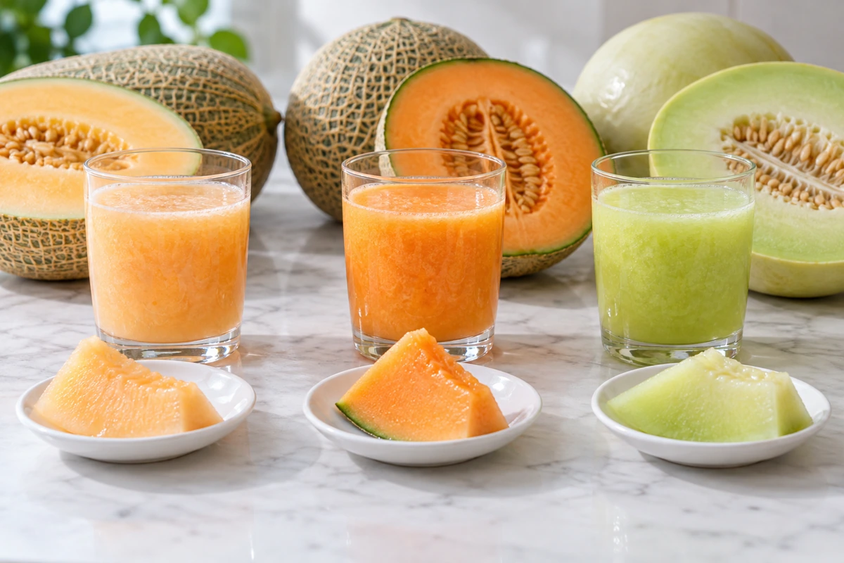 Three coloured melon drinks beside corresponding fruit portions Three coloured melon drinks beside corresponding fruit portions