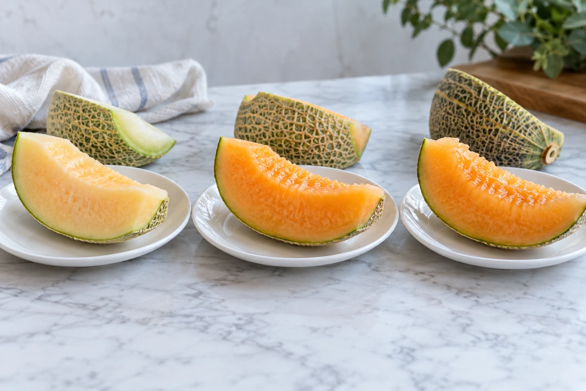 Three Hami melon flesh samples showing modest colour and surface differences Three Hami melon flesh samples showing modest colour and surface differences