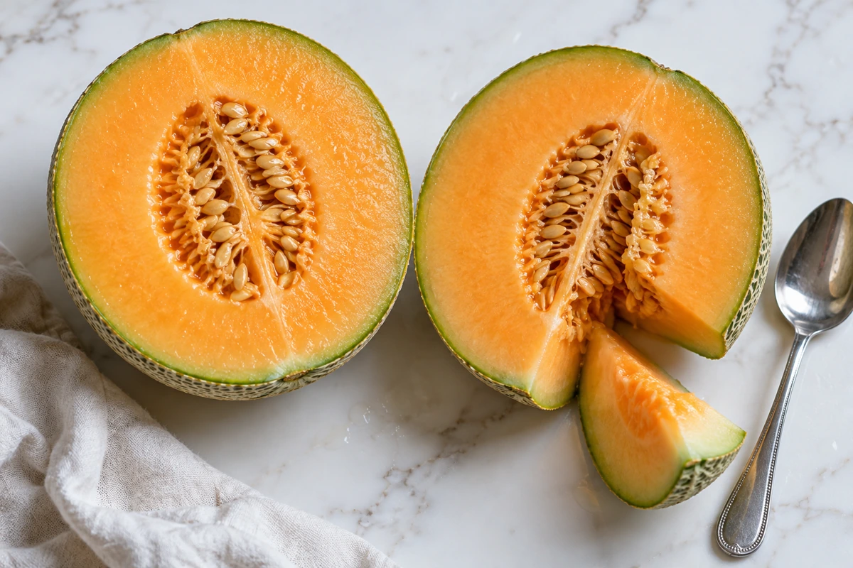 Cut Hami halves showing central seeds, orange flesh and the inner rind boundary Cut Hami halves showing central seeds, orange flesh and the inner rind boundary