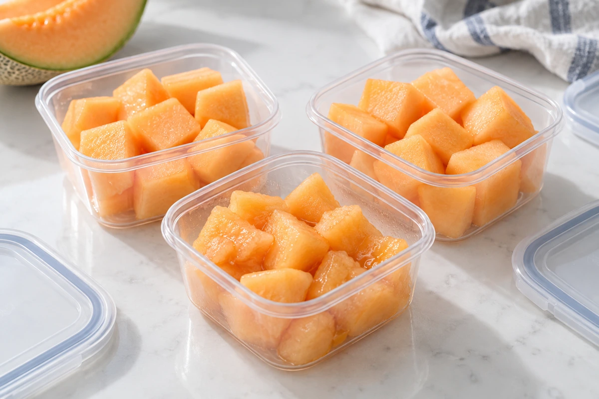 Three clear containers holding different orange Hami melon piece samples Three clear containers holding different orange Hami melon piece samples
