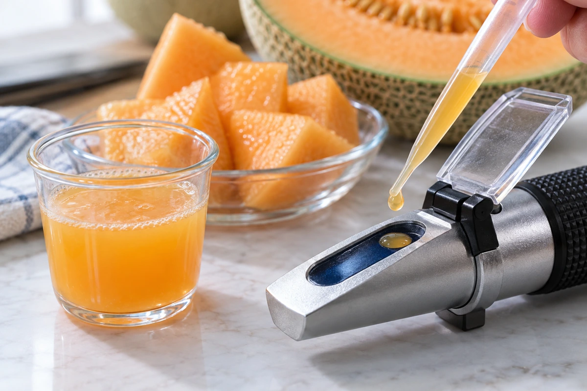 A pipette placing melon juice on the prism of an optical refractometer A pipette placing melon juice on the prism of an optical refractometer