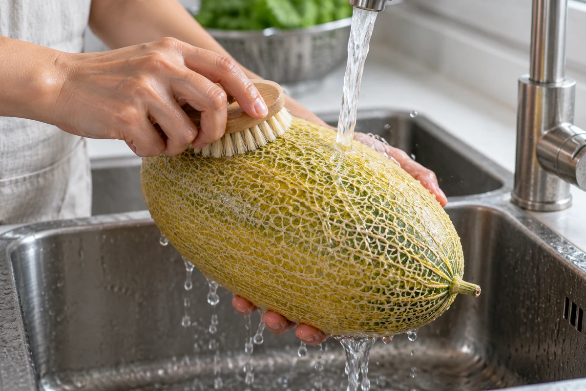 Hands brushing an intact Hami melon under running water Hands brushing an intact Hami melon under running water
