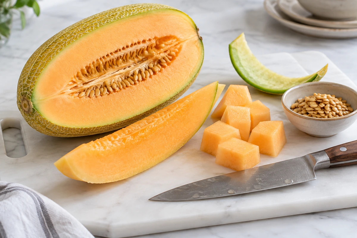 Hami melon half, wedge, dice, removed rind and seeds on a cutting board Hami melon half, wedge, dice, removed rind and seeds on a cutting board