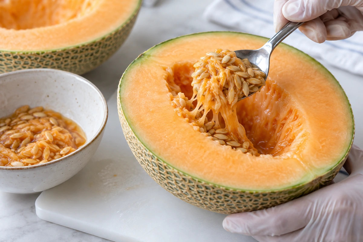 A spoon lifting seeds and loose material from a Hami melon cavity A spoon lifting seeds and loose material from a Hami melon cavity