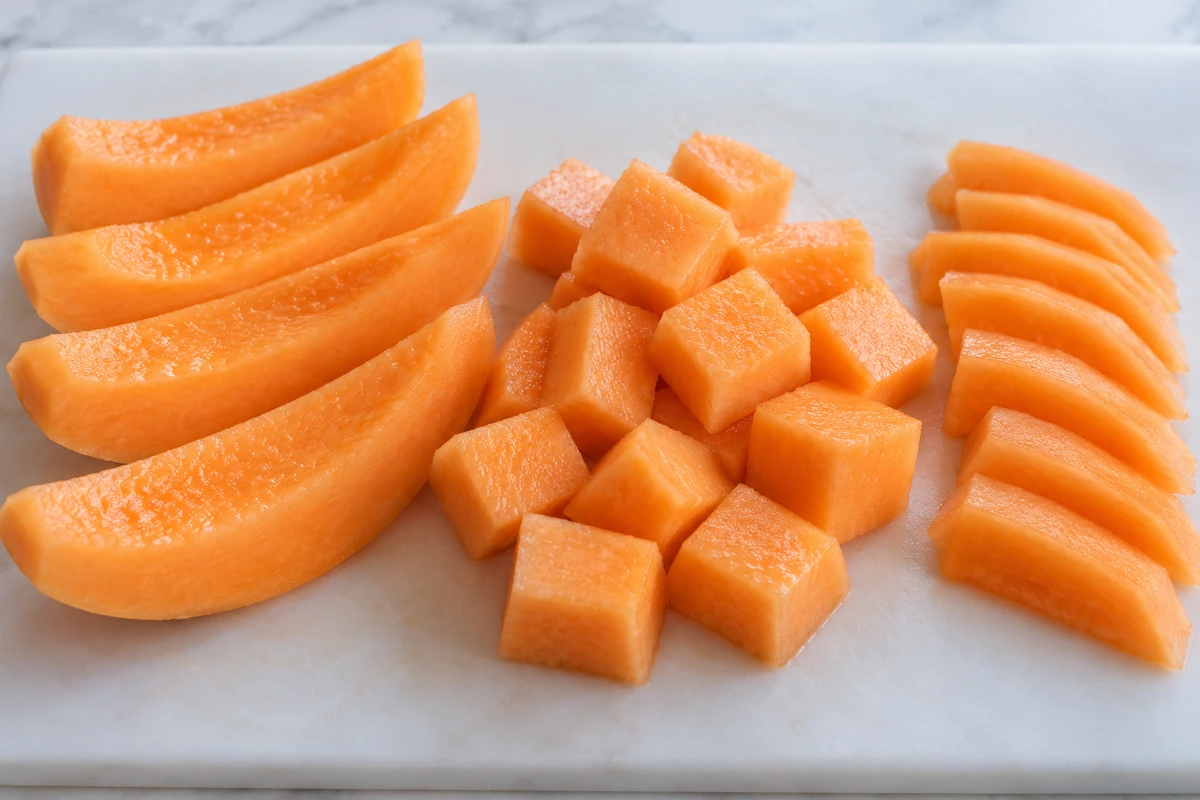 Fully peeled orange Hami wedges, cubes and short slices on a white board Fully peeled orange Hami wedges, cubes and short slices on a white board