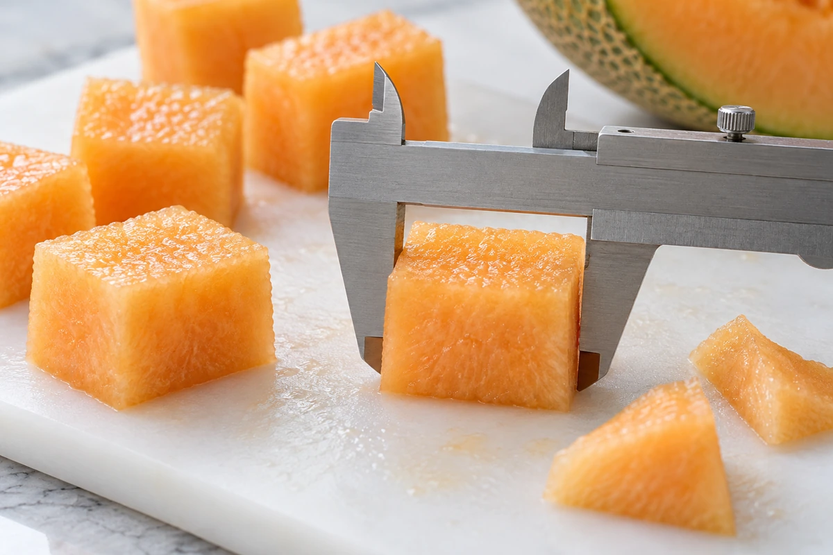 Caliper jaws spanning opposite faces of an orange Hami melon cube Caliper jaws spanning opposite faces of an orange Hami melon cube