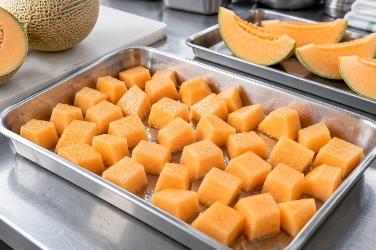 Peeled orange Hami cubes separated on a shallow stainless tray Peeled orange Hami cubes separated on a shallow stainless tray