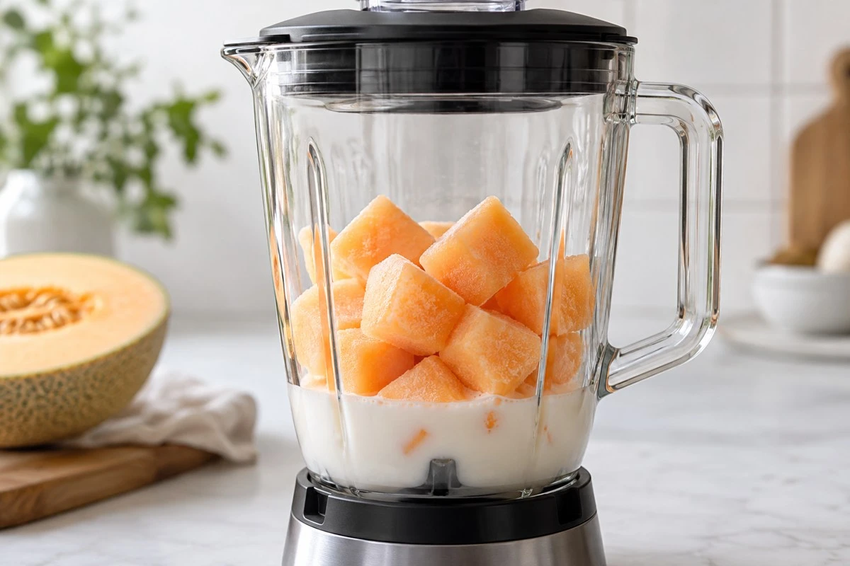 Closed blender jar containing milk below frozen orange melon cubes Closed blender jar containing milk below frozen orange melon cubes
