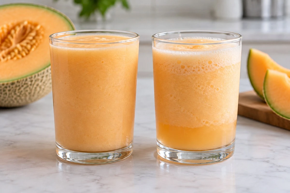Two orange melon drinks showing uniform body and a separated lower liquid layer Two orange melon drinks showing uniform body and a separated lower liquid layer