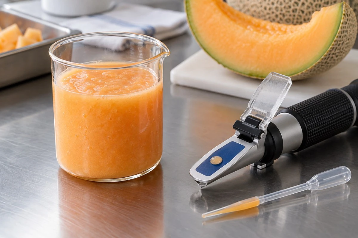Orange melon pulp beside a refractometer with its prism cover open Orange melon pulp beside a refractometer with its prism cover open