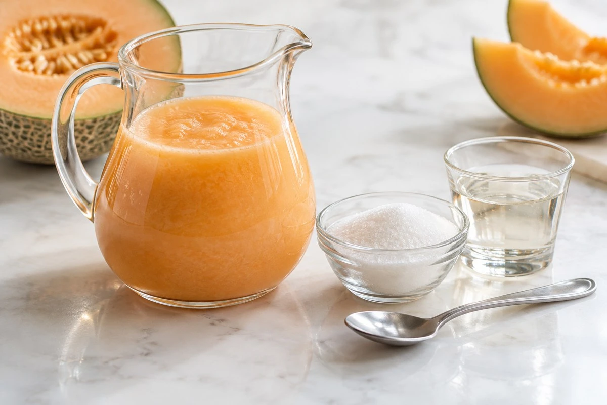 Orange melon puree beside granulated sugar and clear syrup Orange melon puree beside granulated sugar and clear syrup