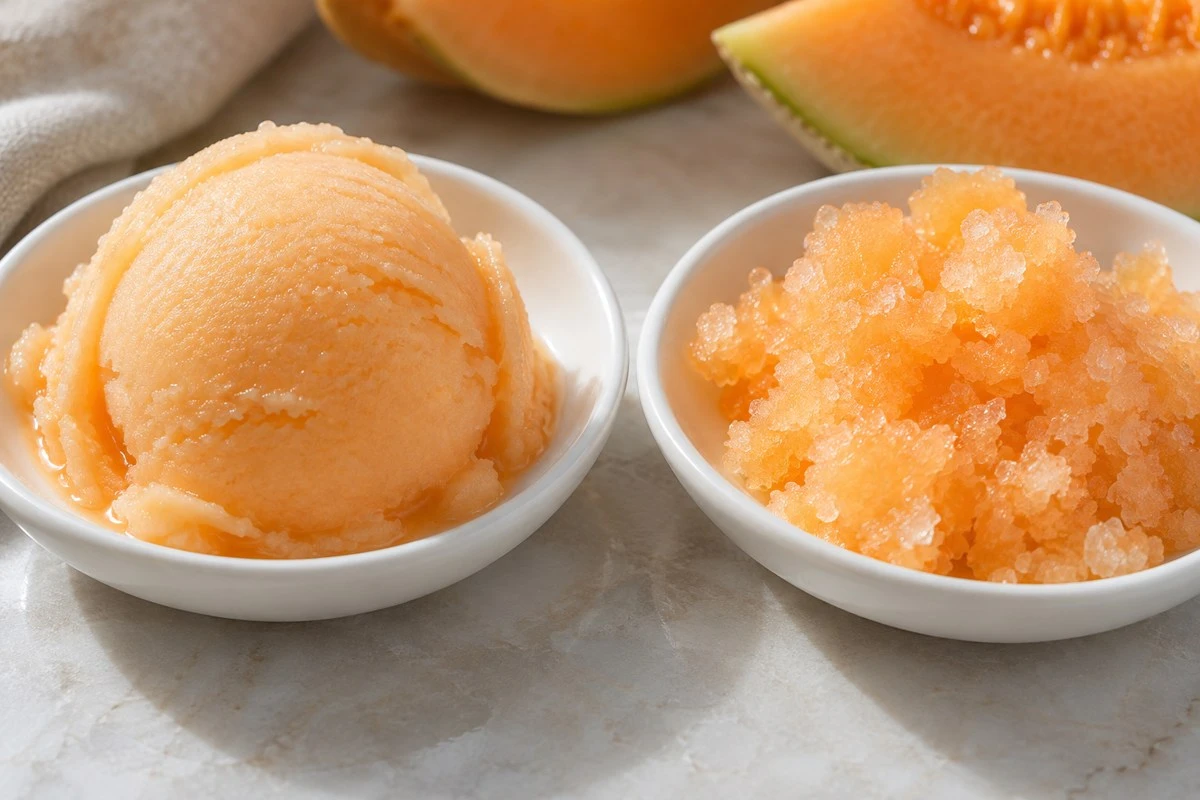 Smooth sorbet and a coarse icy mixture show different eating textures Smooth sorbet and a coarse icy mixture show different eating textures