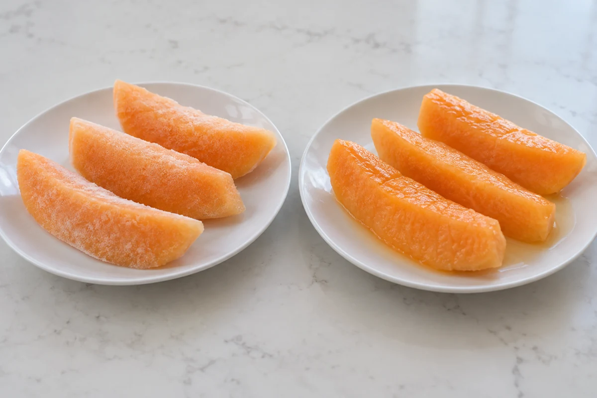 Frozen and thawed Hami melon wedges on separate plates