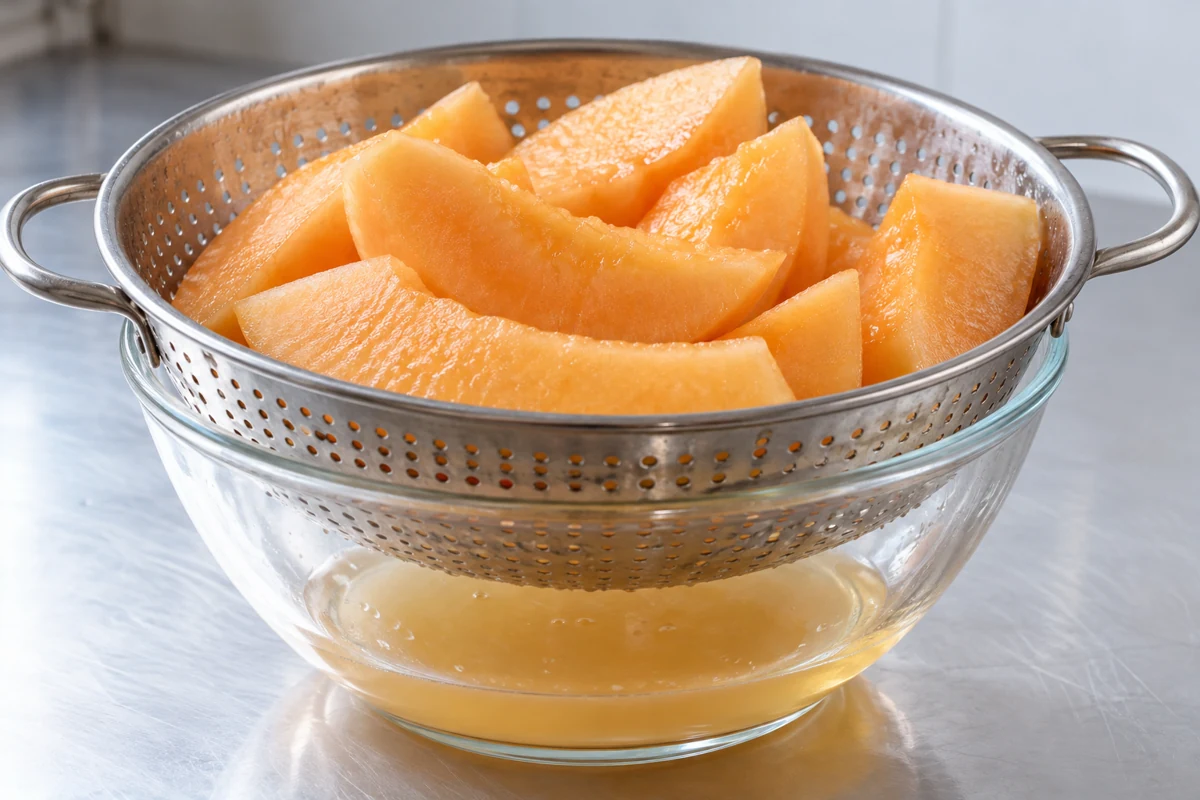 Thawed Hami melon wedges above their collected juice