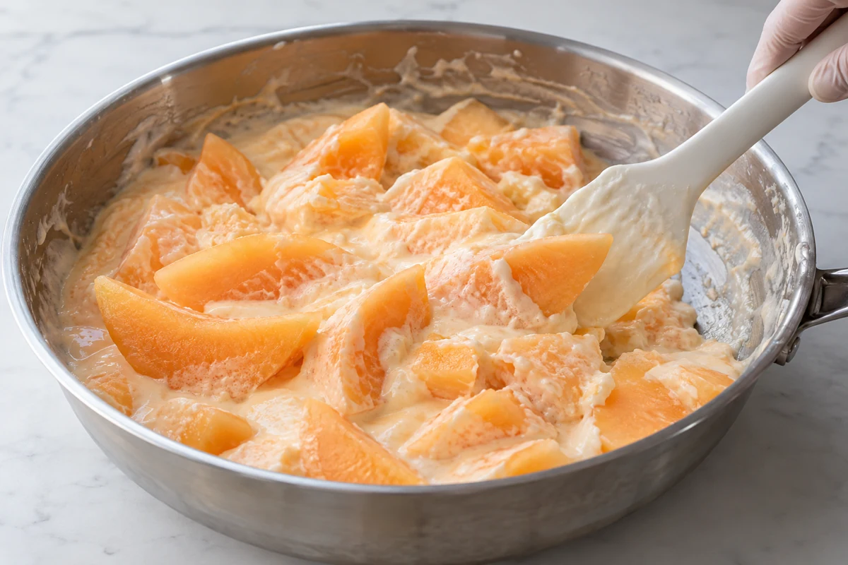 Soft Hami melon wedges being folded into a thick preparation